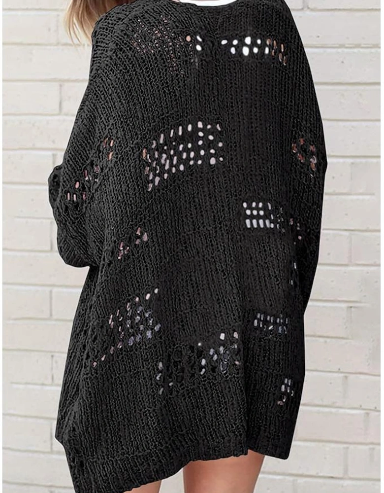 Black Casual Hollowed Knit Dolman Sleeve Cardigan