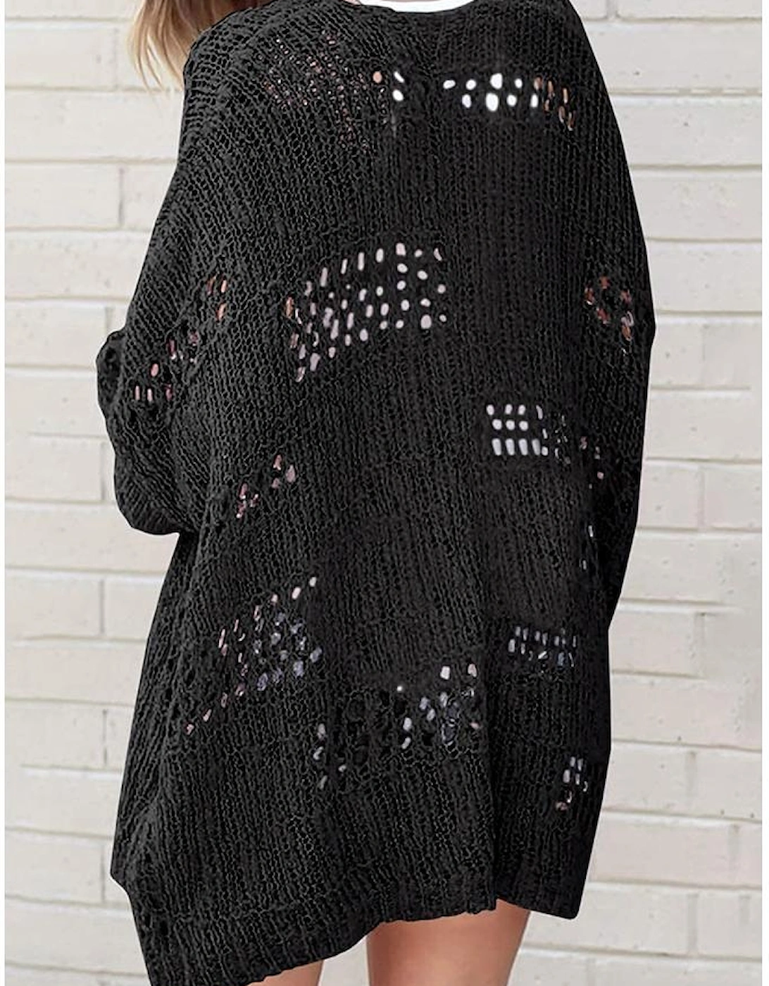 Black Casual Hollowed Knit Dolman Sleeve Cardigan