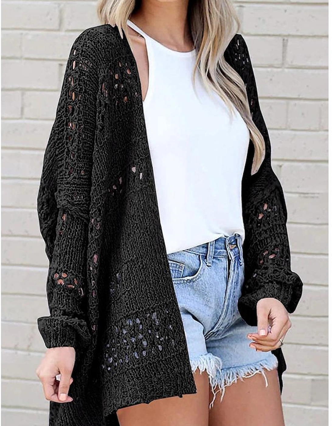 Black Casual Hollowed Knit Dolman Sleeve Cardigan