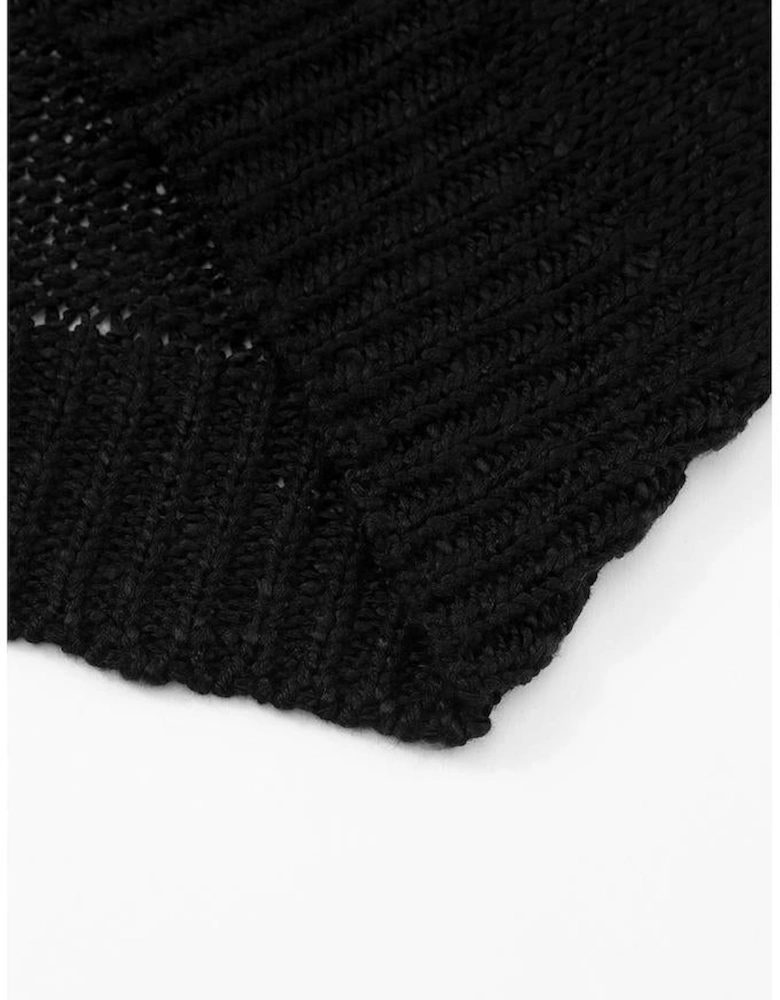 Black Casual Hollowed Knit Dolman Sleeve Cardigan