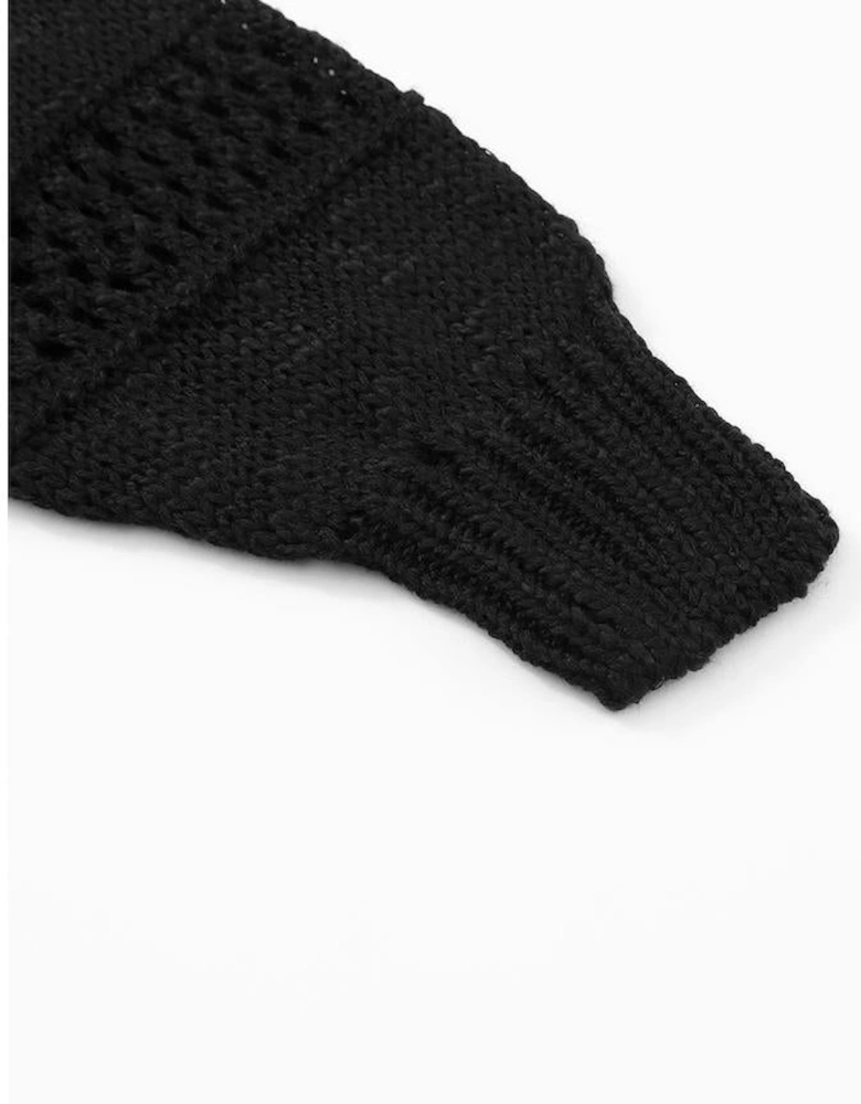 Black Casual Hollowed Knit Dolman Sleeve Cardigan