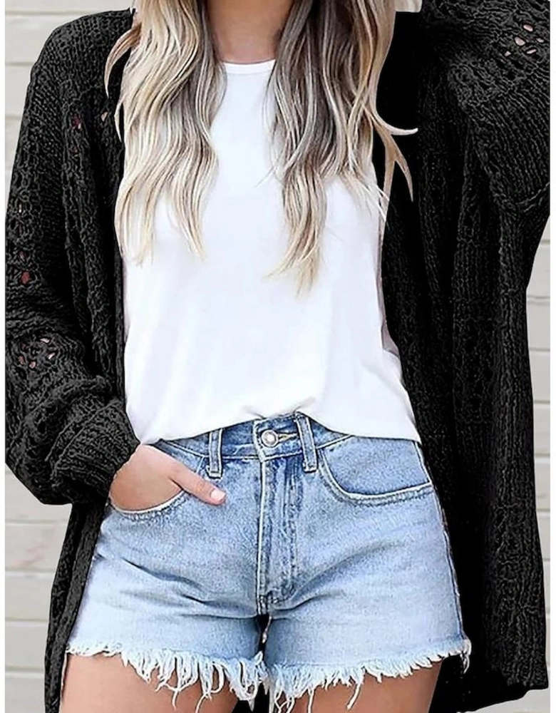 Black Casual Hollowed Knit Dolman Sleeve Cardigan