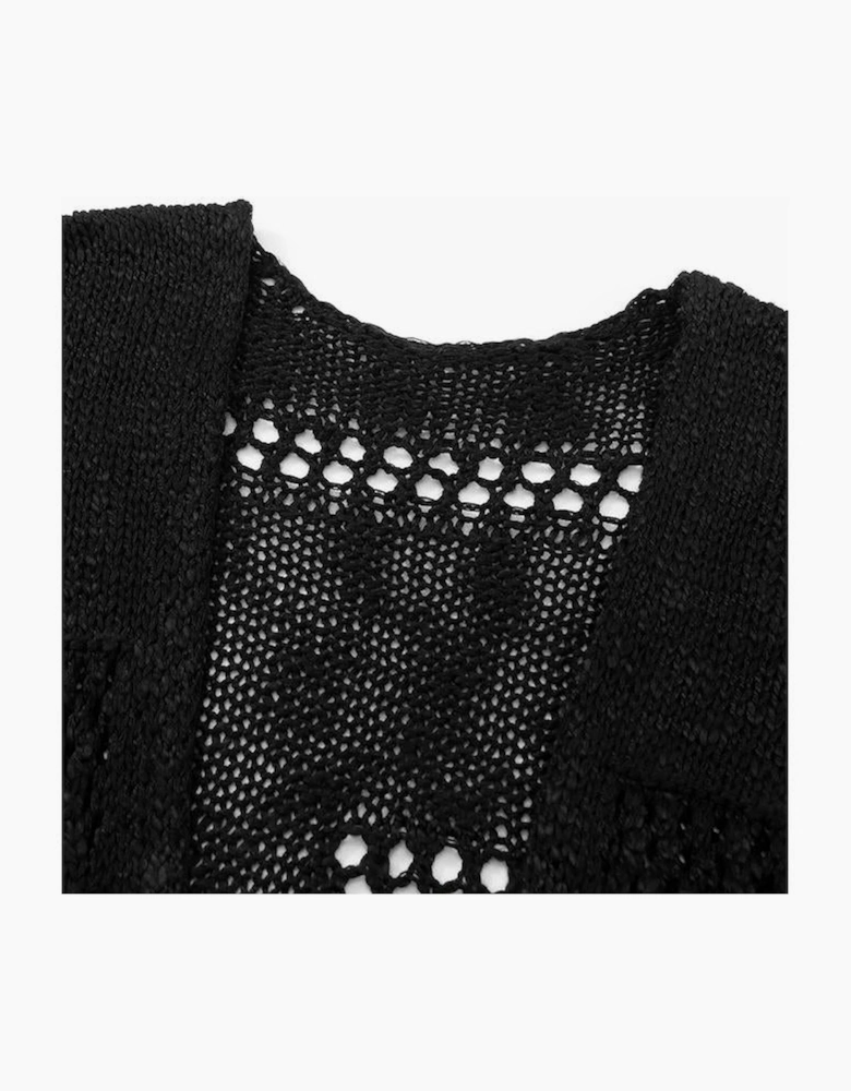 Black Casual Hollowed Knit Dolman Sleeve Cardigan