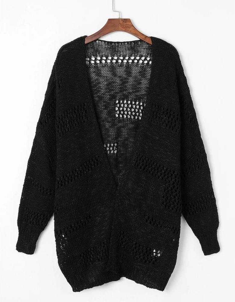 Black Casual Hollowed Knit Dolman Sleeve Cardigan