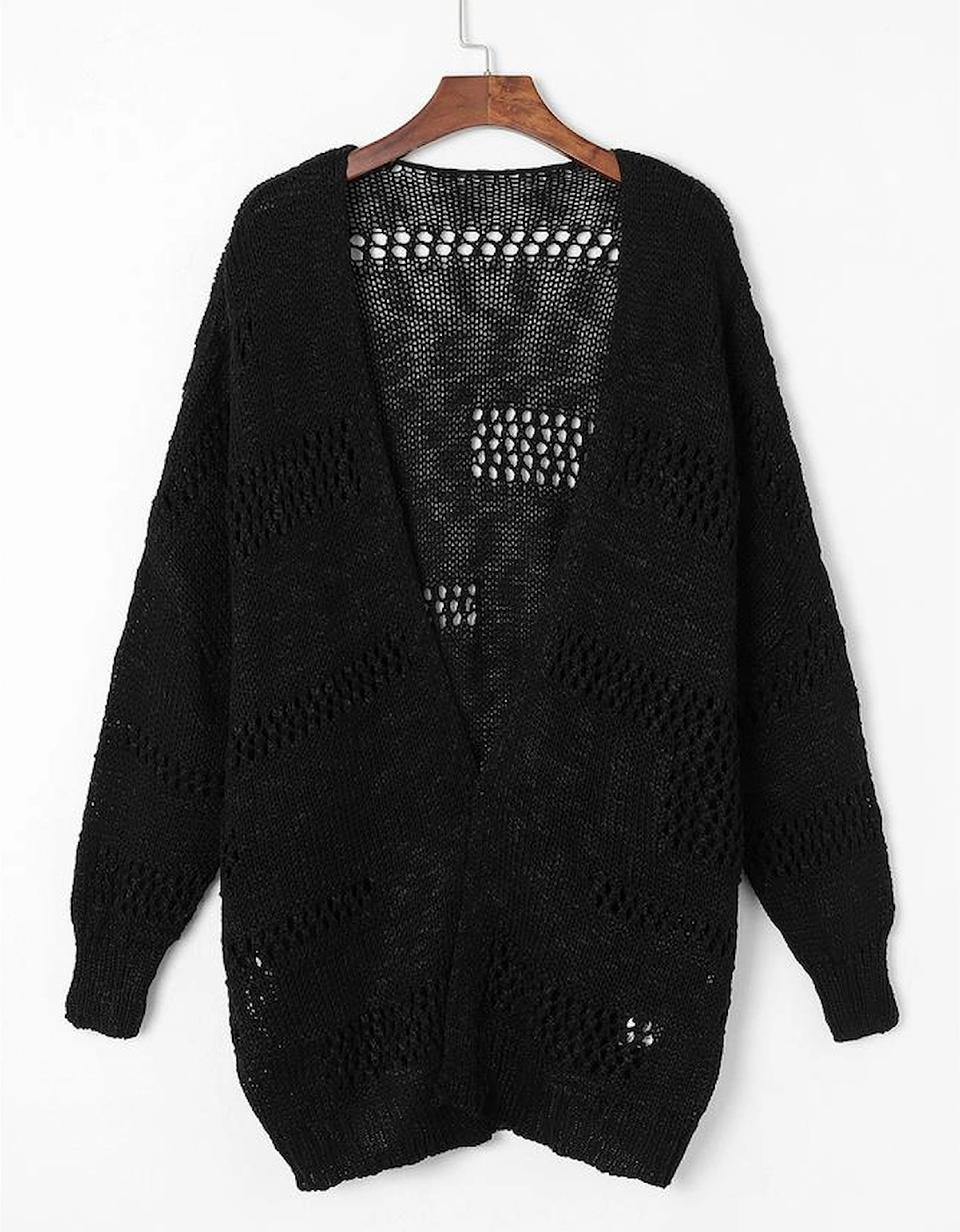 Black Casual Hollowed Knit Dolman Sleeve Cardigan