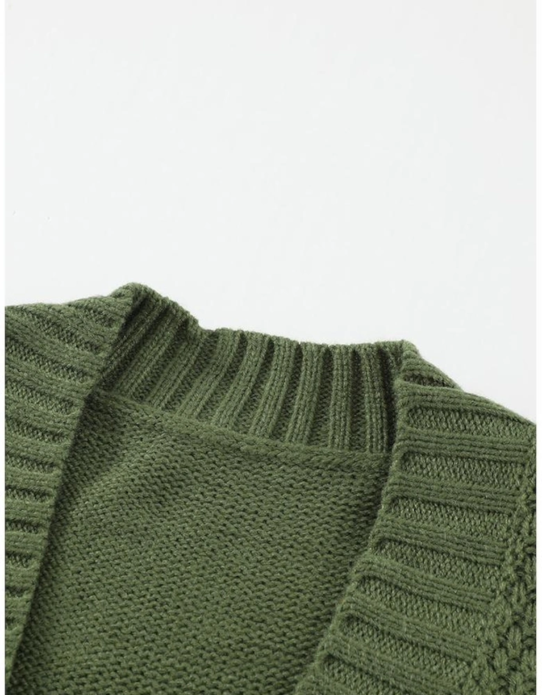 Green Front Pocket and Buttons Closure Cardigan