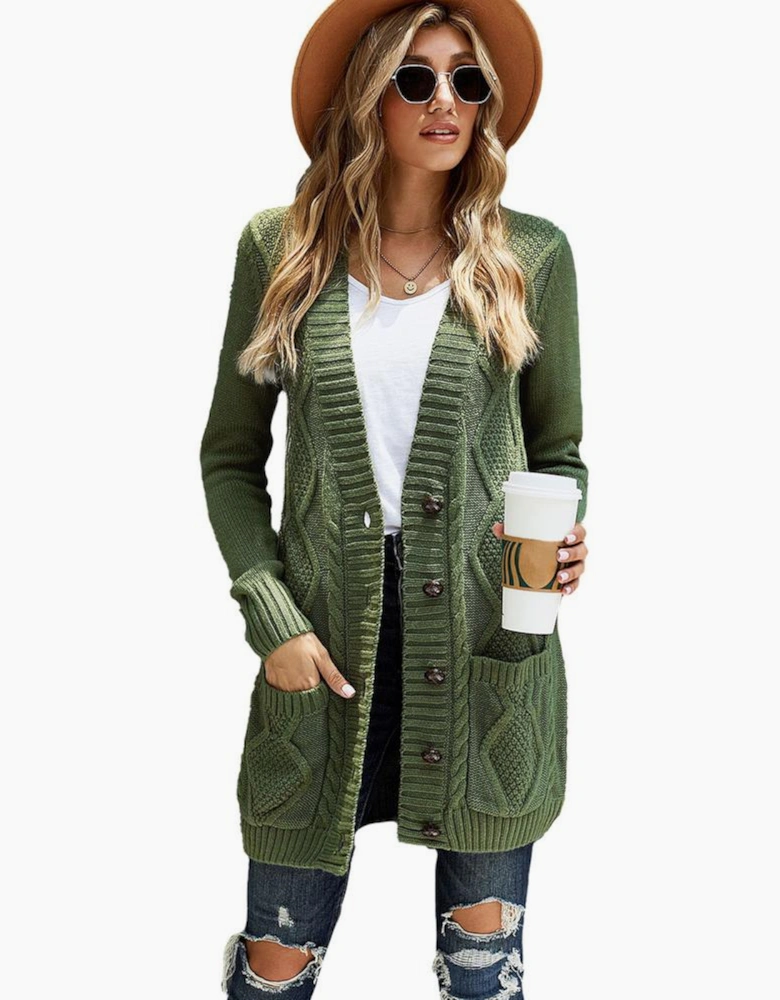 Green Front Pocket and Buttons Closure Cardigan