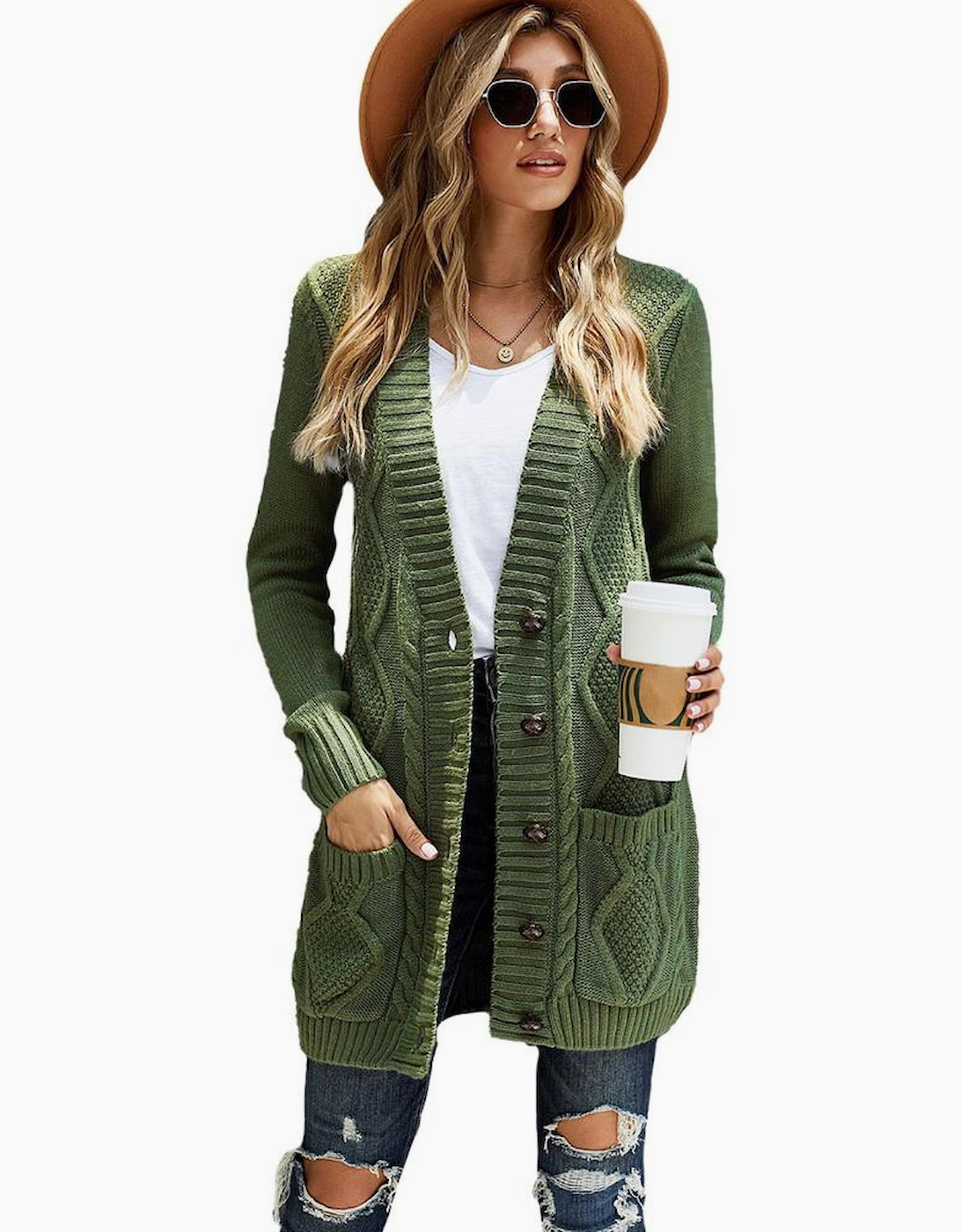 Green Front Pocket and Buttons Closure Cardigan