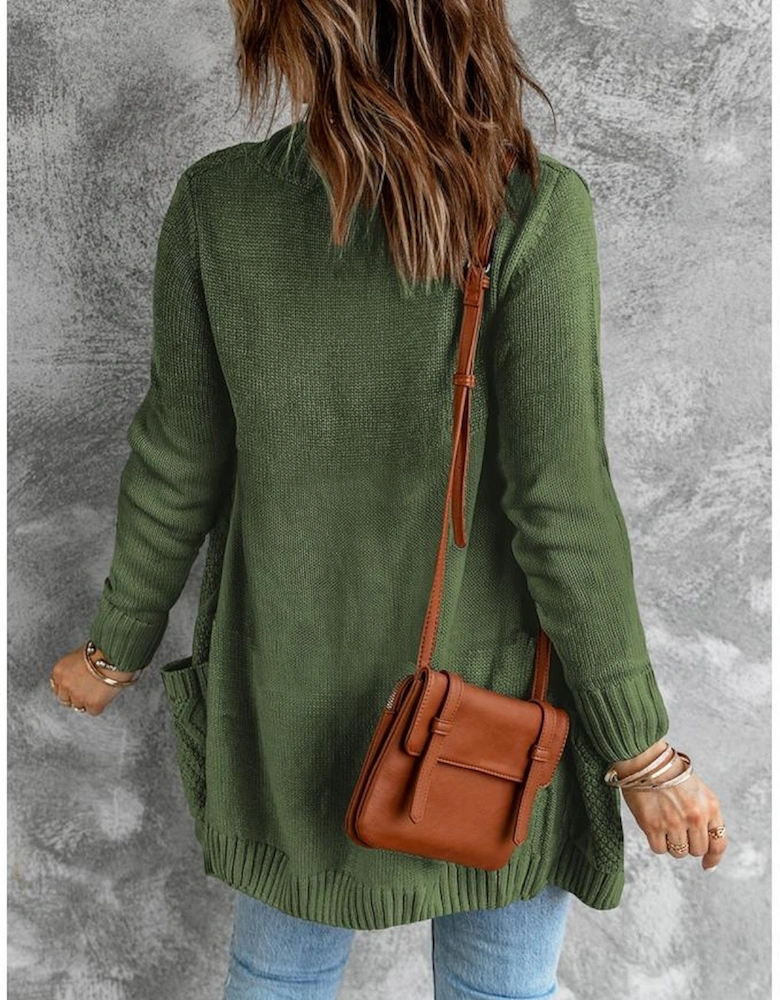 Green Front Pocket and Buttons Closure Cardigan