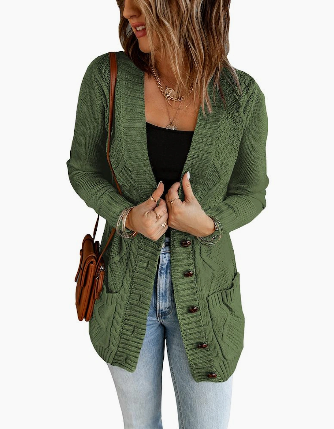 Green Front Pocket and Buttons Closure Cardigan