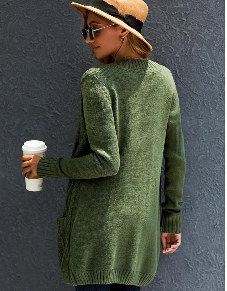 Green Front Pocket and Buttons Closure Cardigan