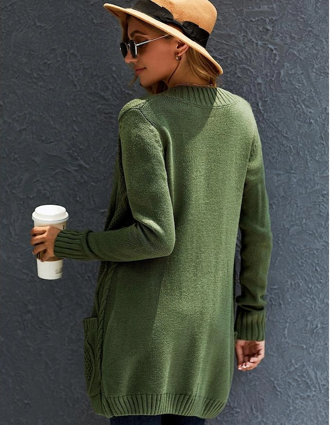 Green Front Pocket and Buttons Closure Cardigan