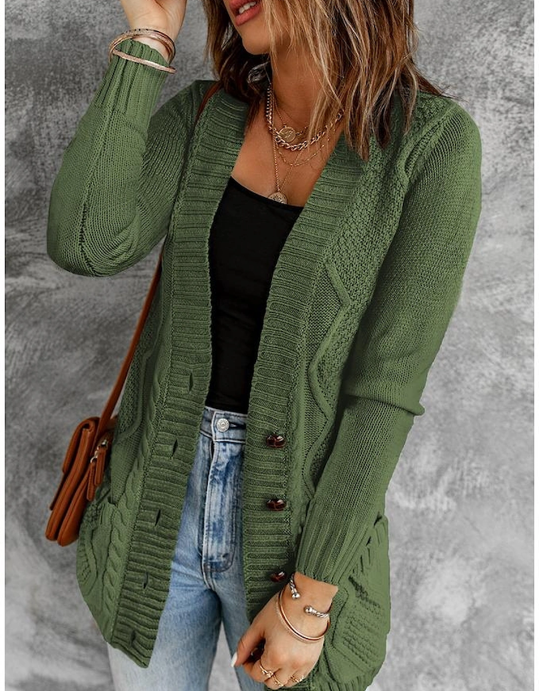 Green Front Pocket and Buttons Closure Cardigan