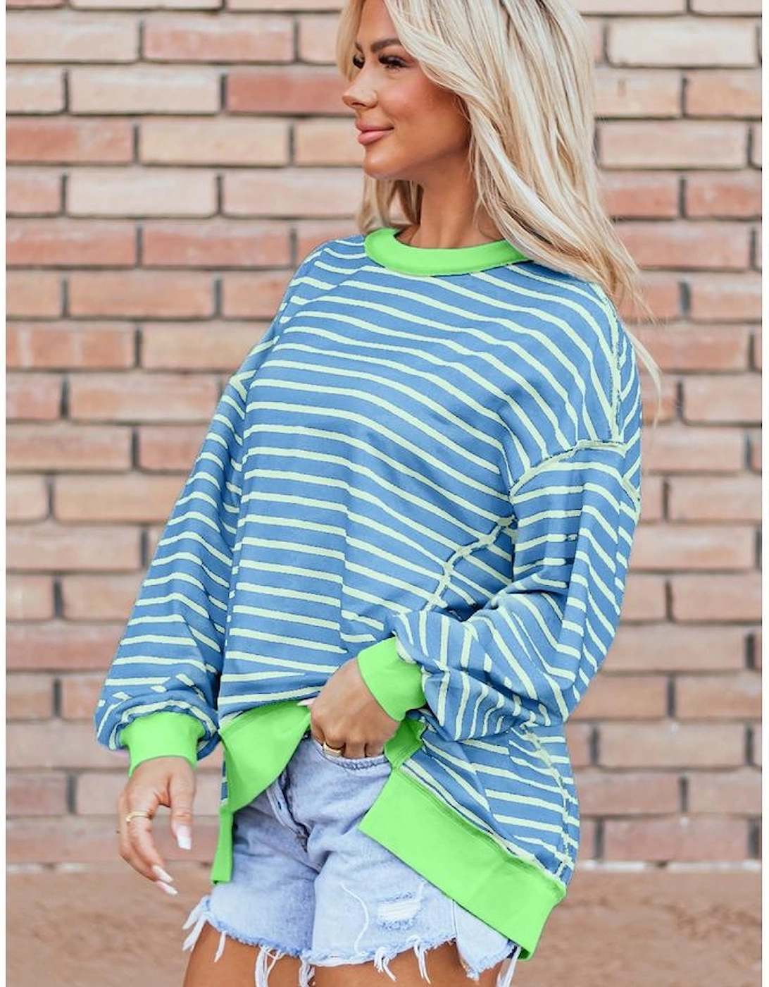 Sky Blue Stripe Contrast Trim High Low Pullover Tunic Sweatshirt