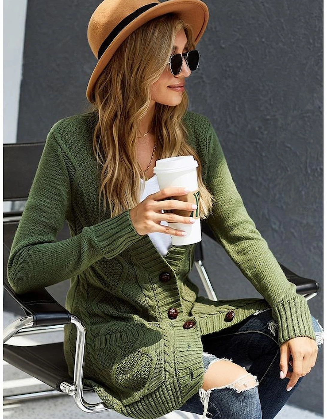 Green Front Pocket and Buttons Closure Cardigan