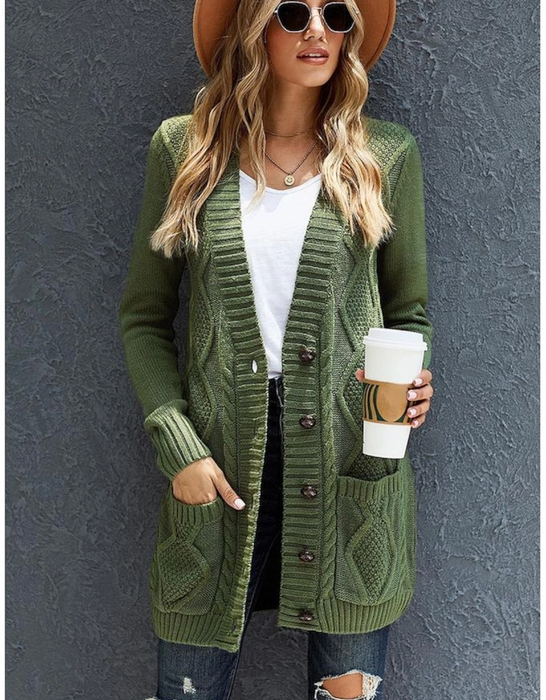 Green Front Pocket and Buttons Closure Cardigan