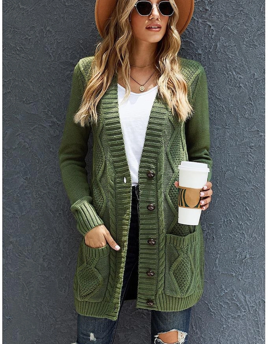 Green Front Pocket and Buttons Closure Cardigan