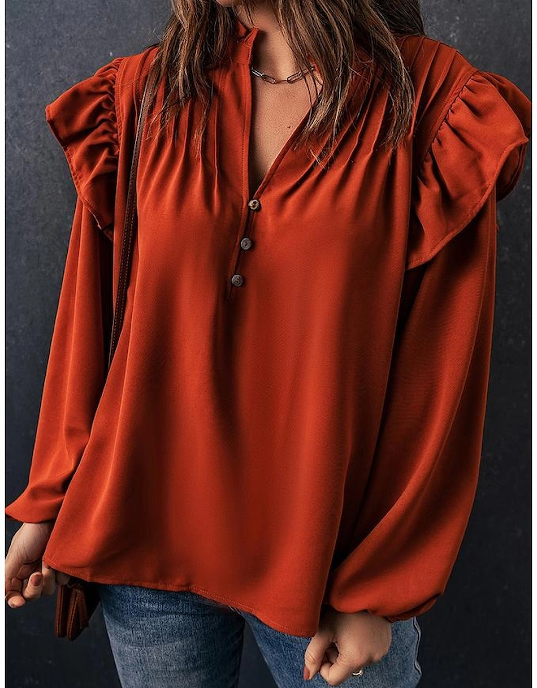 Orange Ruffled Pleated Buttoned V Neck Blouse, 17 of 16