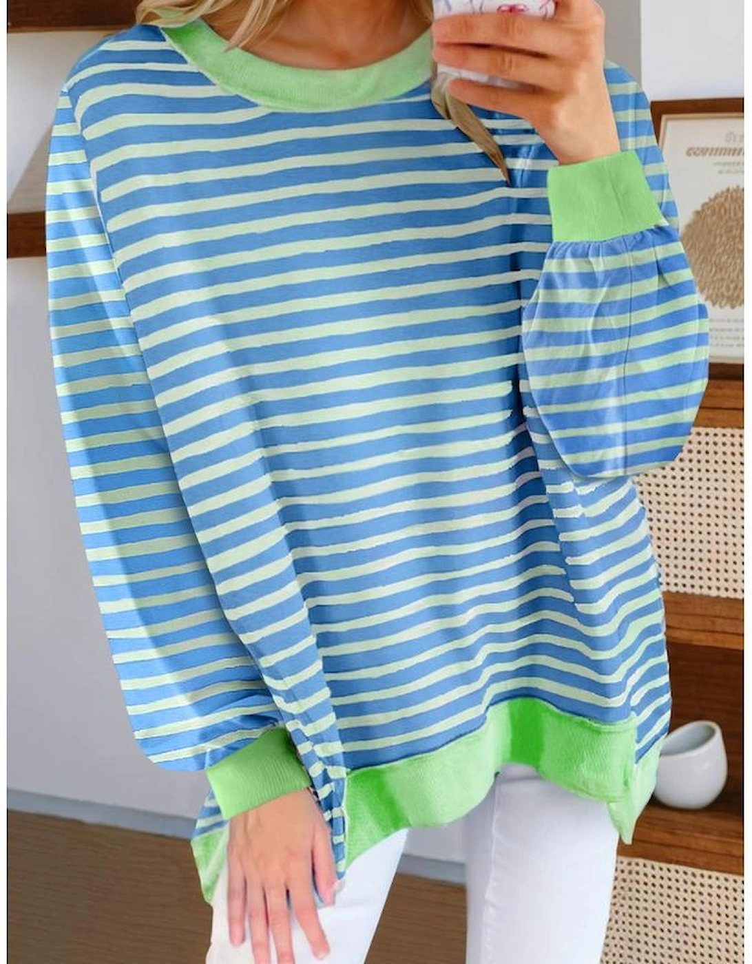 Sky Blue Stripe Contrast Trim High Low Pullover Tunic Sweatshirt
