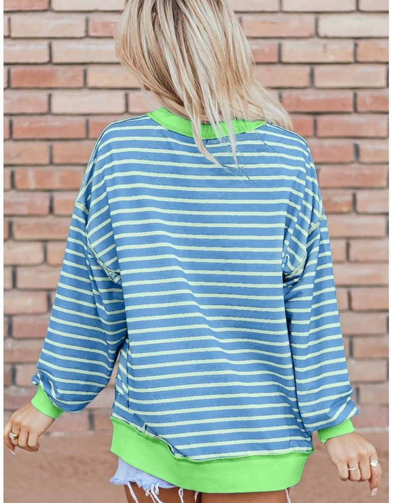 Sky Blue Stripe Contrast Trim High Low Pullover Tunic Sweatshirt
