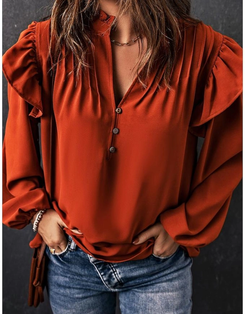 Orange Ruffled Pleated Buttoned V Neck Blouse