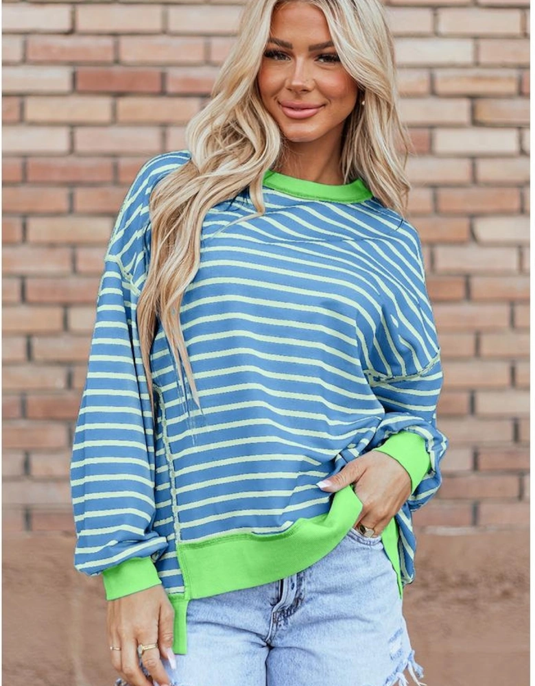 Sky Blue Stripe Contrast Trim High Low Pullover Tunic Sweatshirt