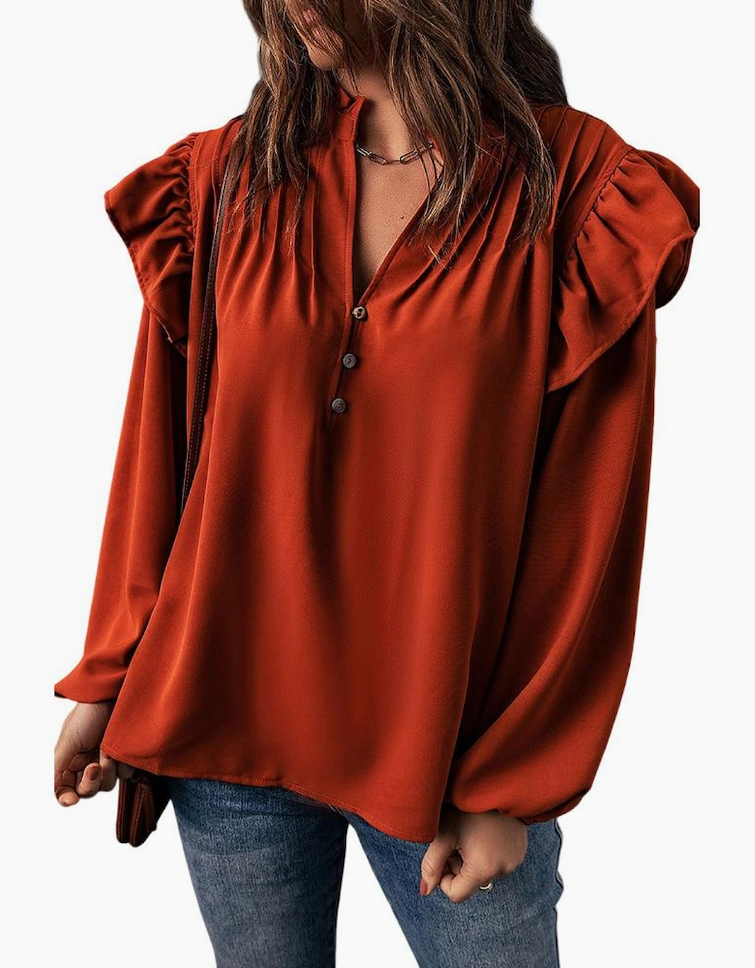 Orange Ruffled Pleated Buttoned V Neck Blouse