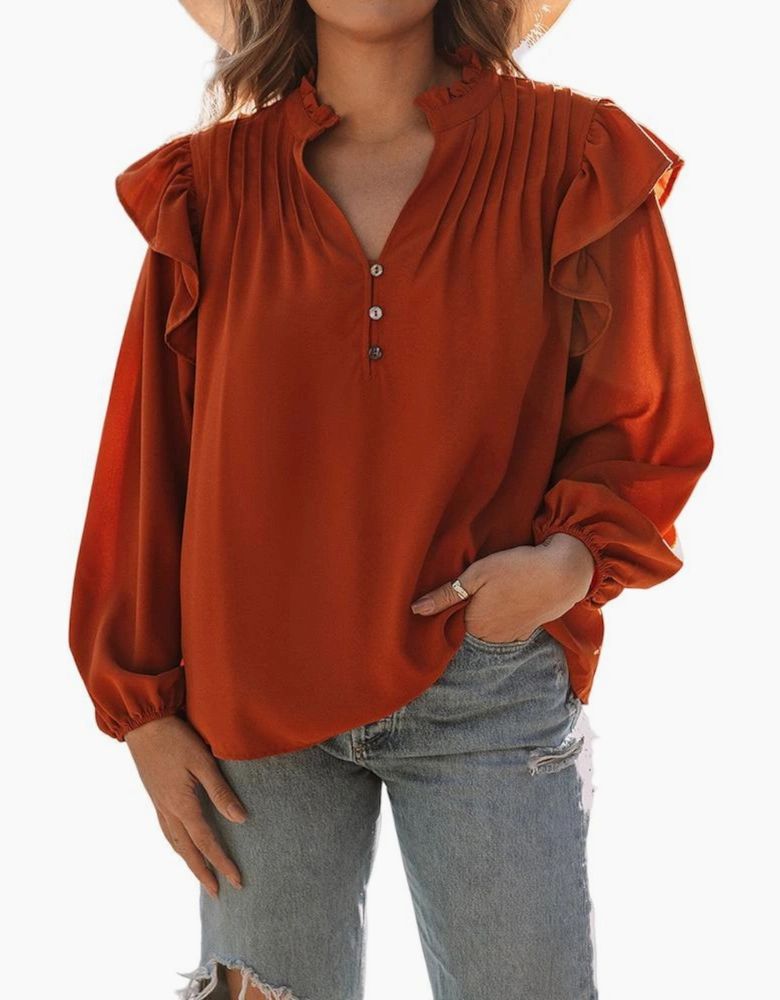 Orange Ruffled Pleated Buttoned V Neck Blouse