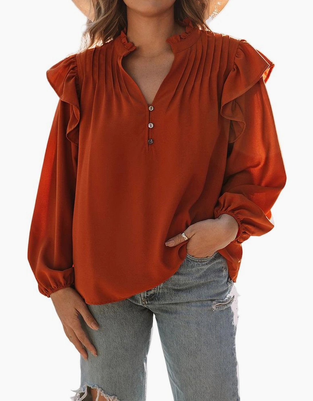 Orange Ruffled Pleated Buttoned V Neck Blouse