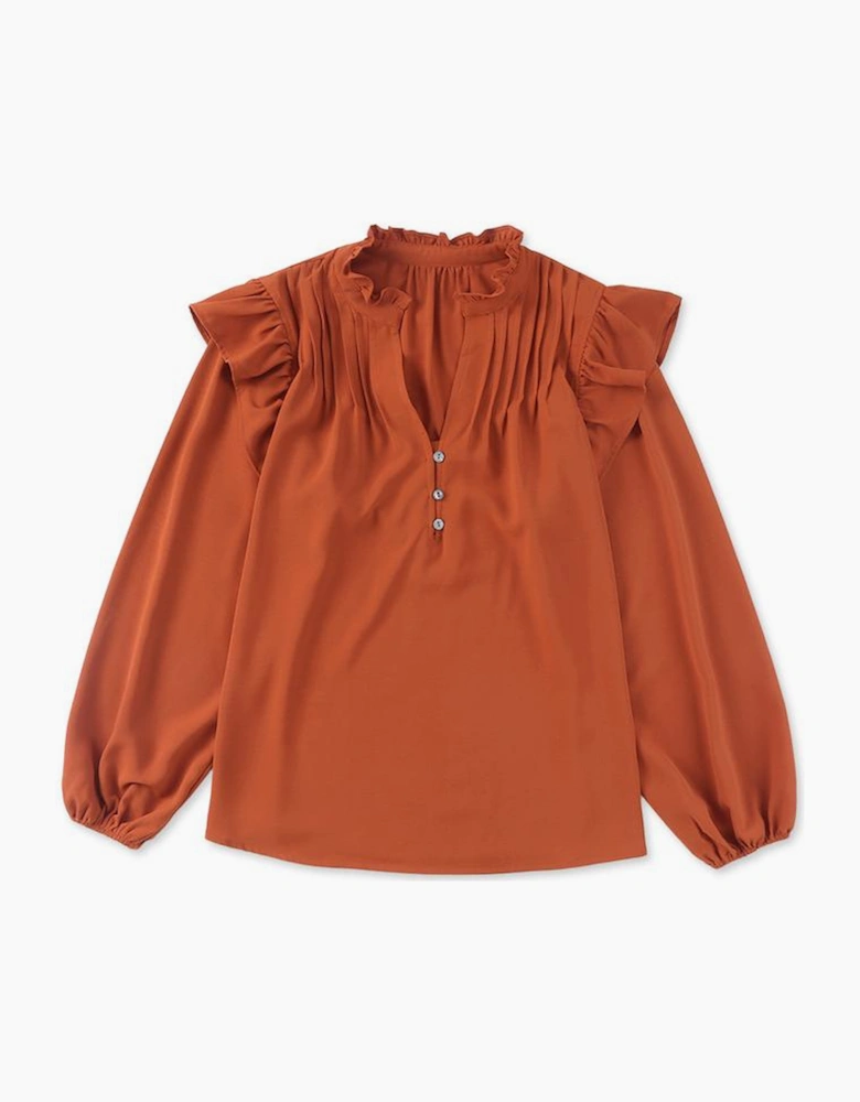 Orange Ruffled Pleated Buttoned V Neck Blouse