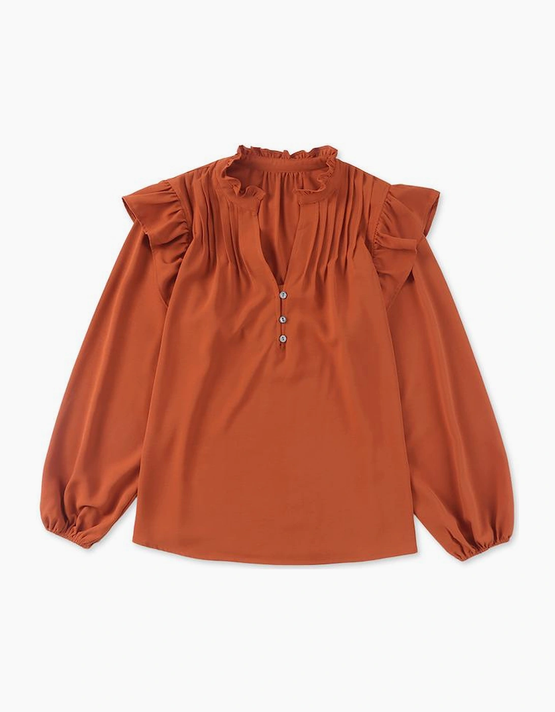 Orange Ruffled Pleated Buttoned V Neck Blouse