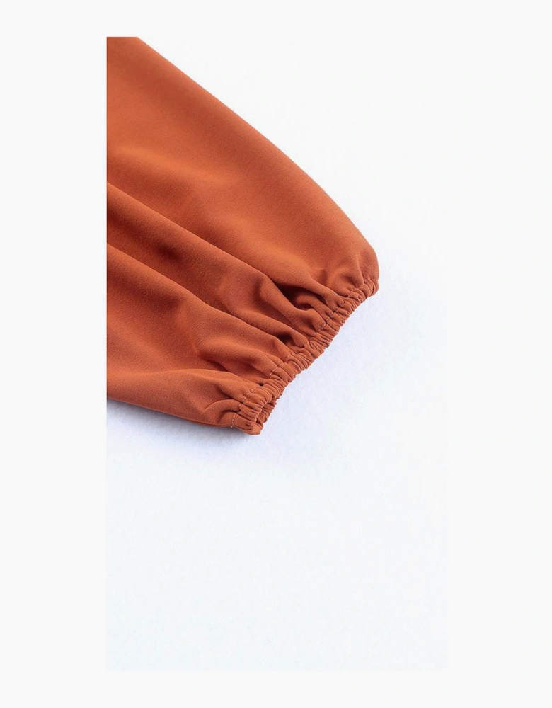 Orange Ruffled Pleated Buttoned V Neck Blouse