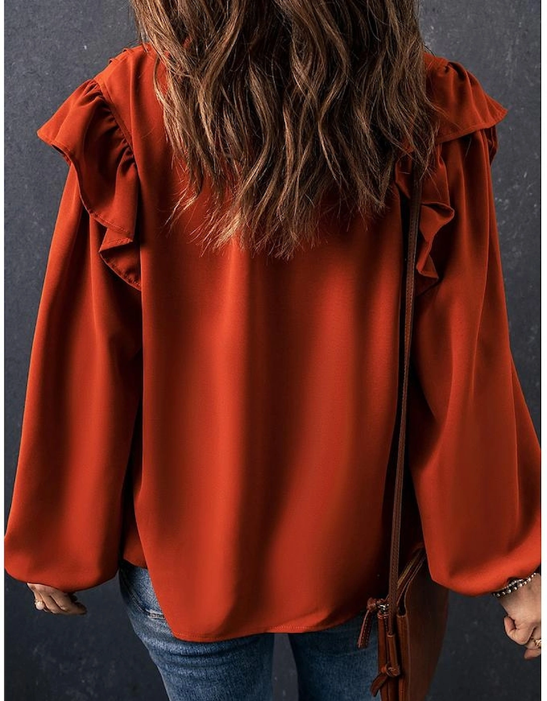 Orange Ruffled Pleated Buttoned V Neck Blouse