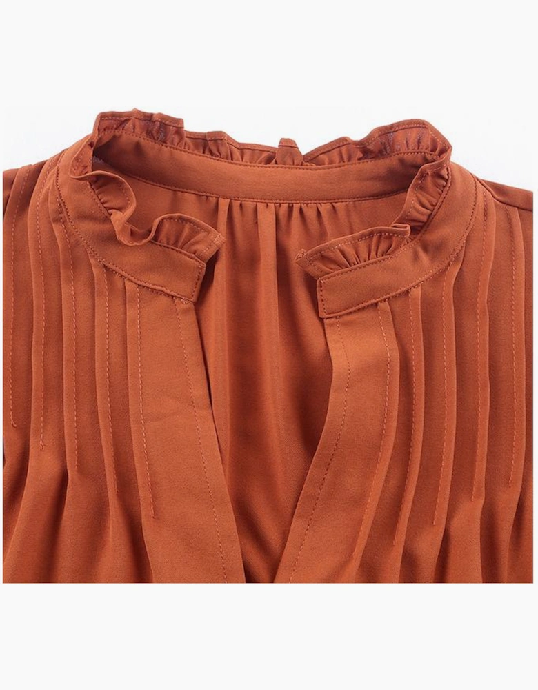 Orange Ruffled Pleated Buttoned V Neck Blouse