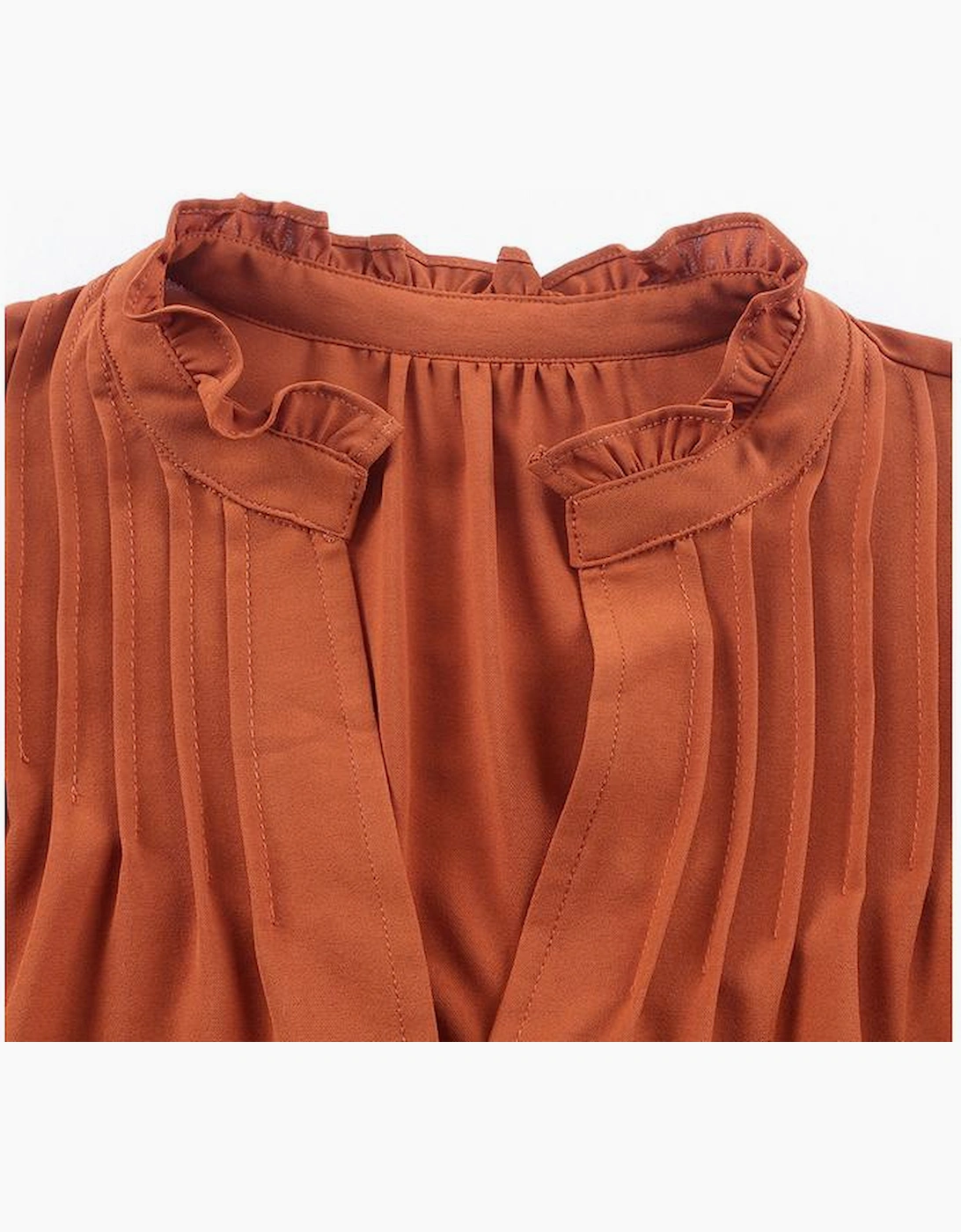 Orange Ruffled Pleated Buttoned V Neck Blouse