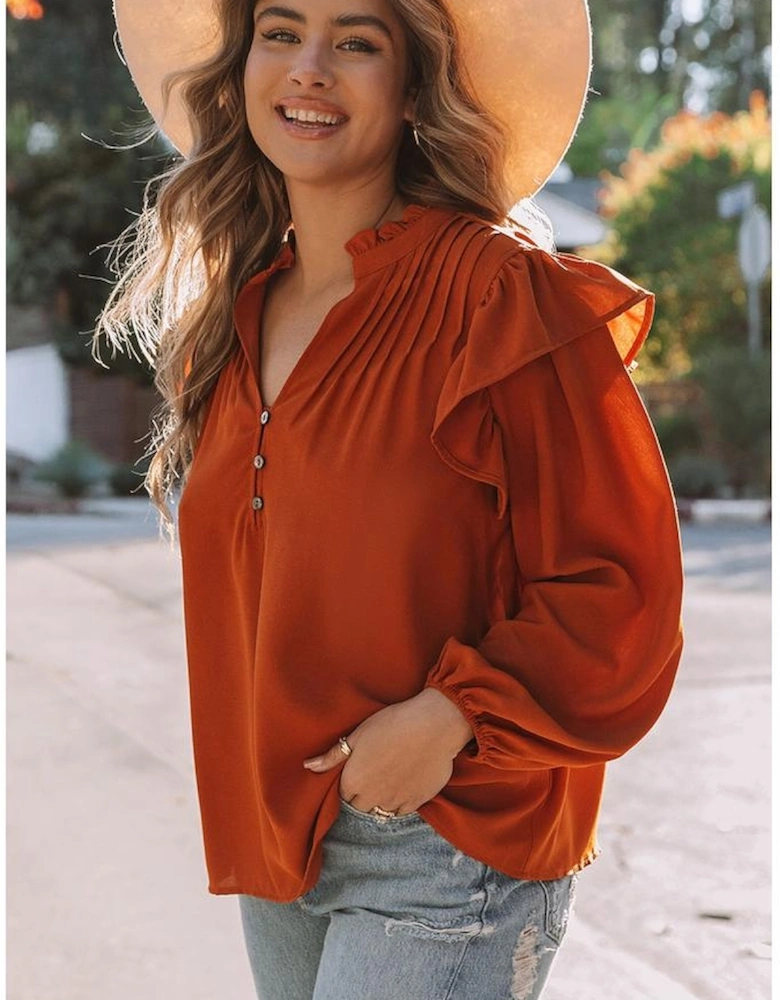 Orange Ruffled Pleated Buttoned V Neck Blouse