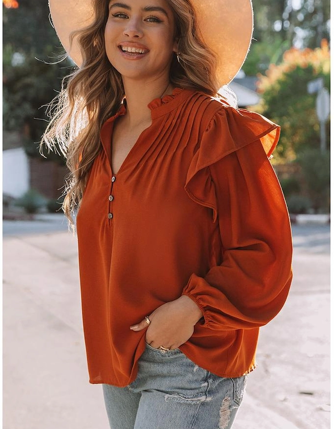 Orange Ruffled Pleated Buttoned V Neck Blouse