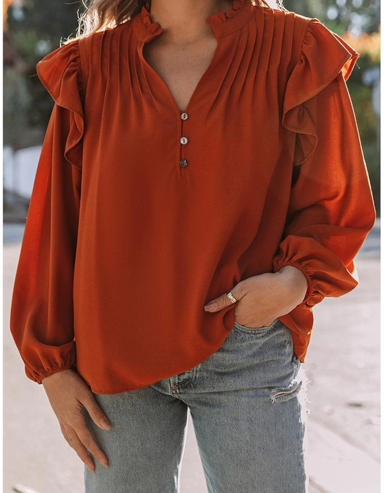 Orange Ruffled Pleated Buttoned V Neck Blouse