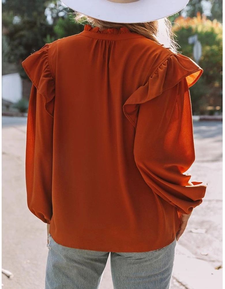 Orange Ruffled Pleated Buttoned V Neck Blouse