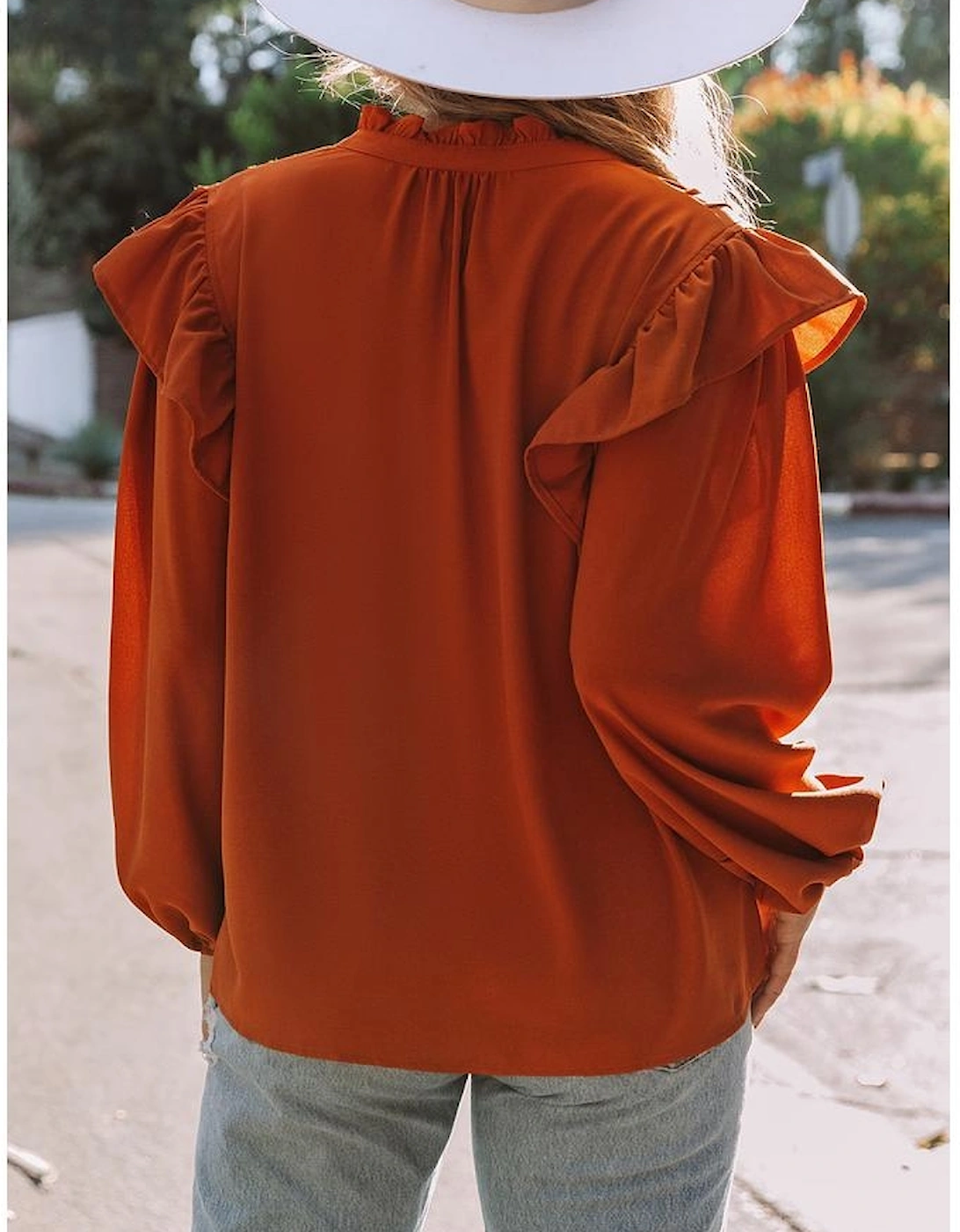 Orange Ruffled Pleated Buttoned V Neck Blouse