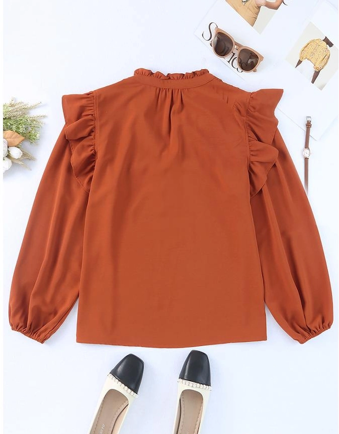 Orange Ruffled Pleated Buttoned V Neck Blouse
