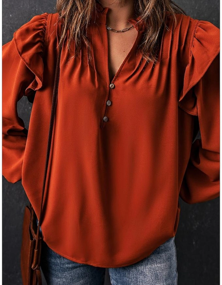 Orange Ruffled Pleated Buttoned V Neck Blouse