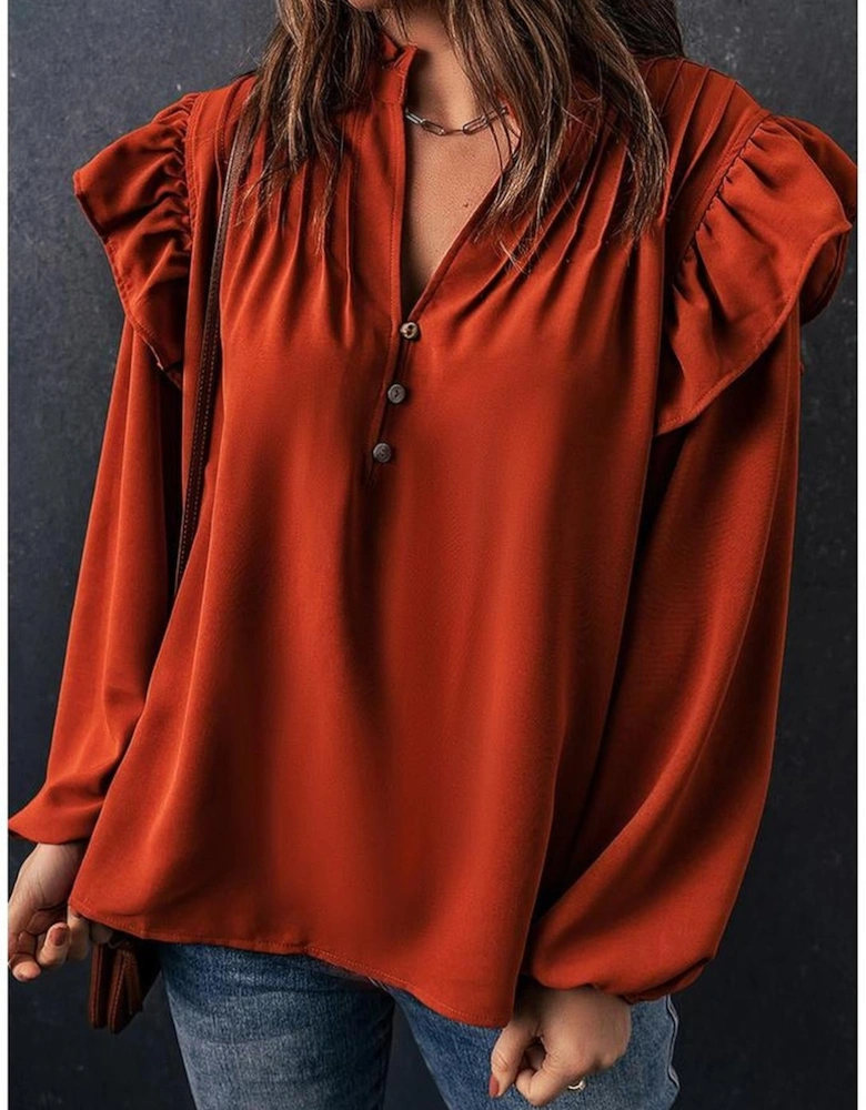 Orange Ruffled Pleated Buttoned V Neck Blouse