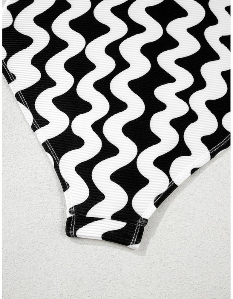 Black Stripe Bowknot Ricrac Print V Neck Low Back Cut One Piece Swimsuit