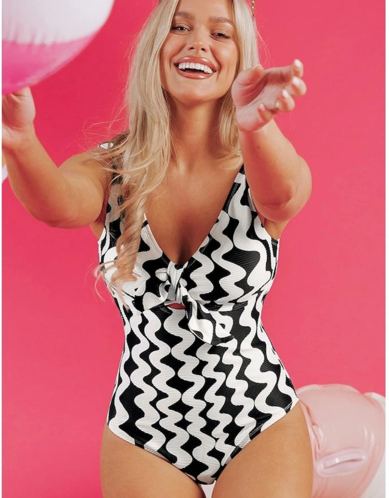 Black Stripe Bowknot Ricrac Print V Neck Low Back Cut One Piece Swimsuit