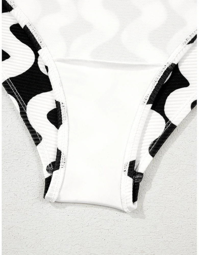 Black Stripe Bowknot Ricrac Print V Neck Low Back Cut One Piece Swimsuit