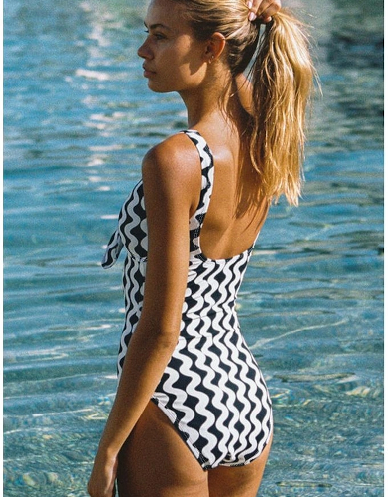 Black Stripe Bowknot Ricrac Print V Neck Low Back Cut One Piece Swimsuit