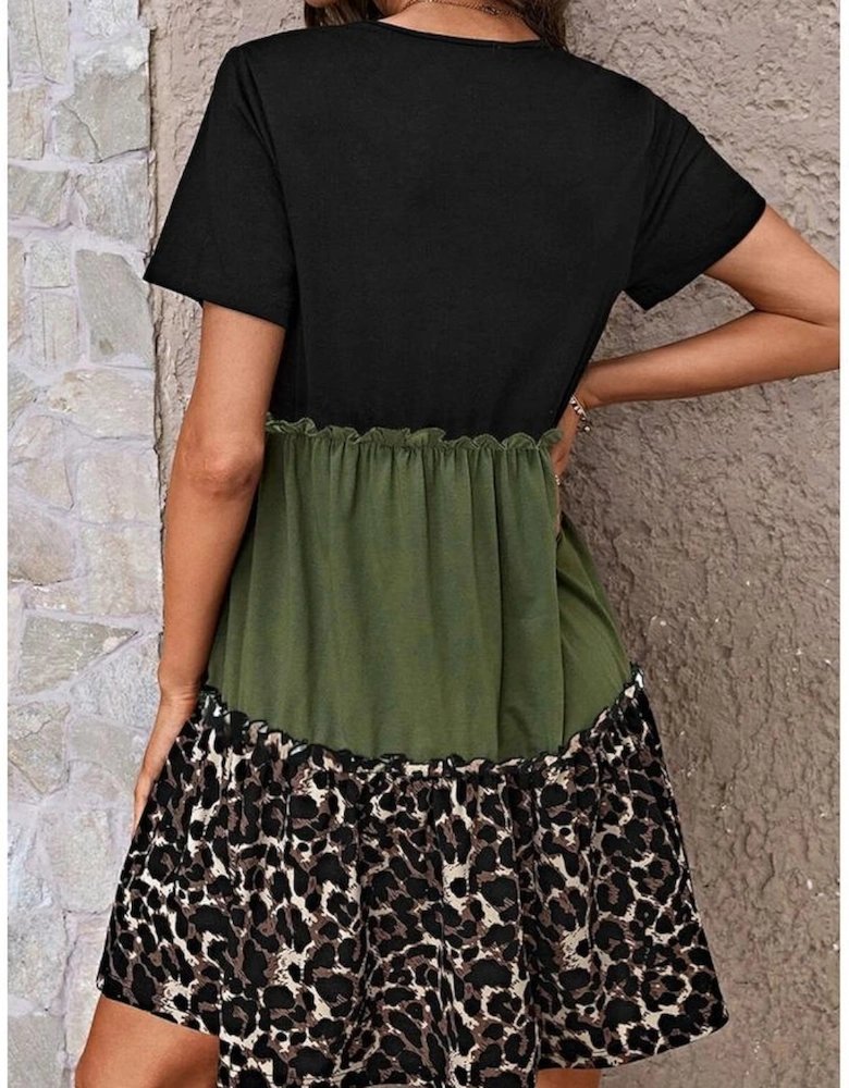 Jungle Green Leopard Print Colorblock Frill Trim T-shirt Dress