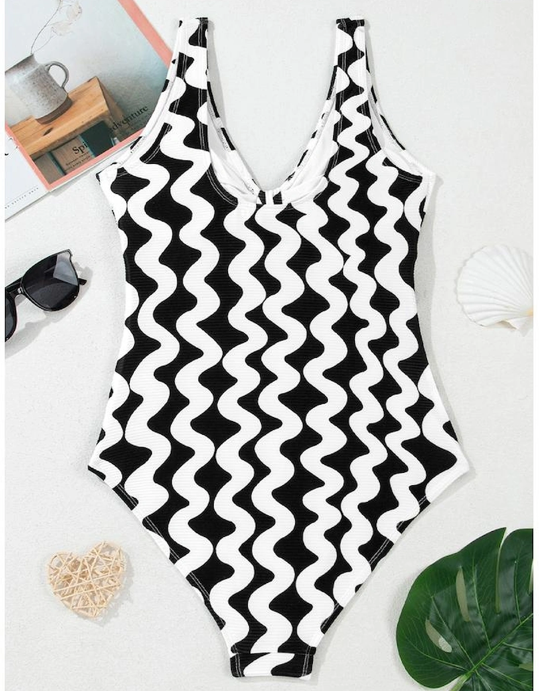 Black Stripe Bowknot Ricrac Print V Neck Low Back Cut One Piece Swimsuit