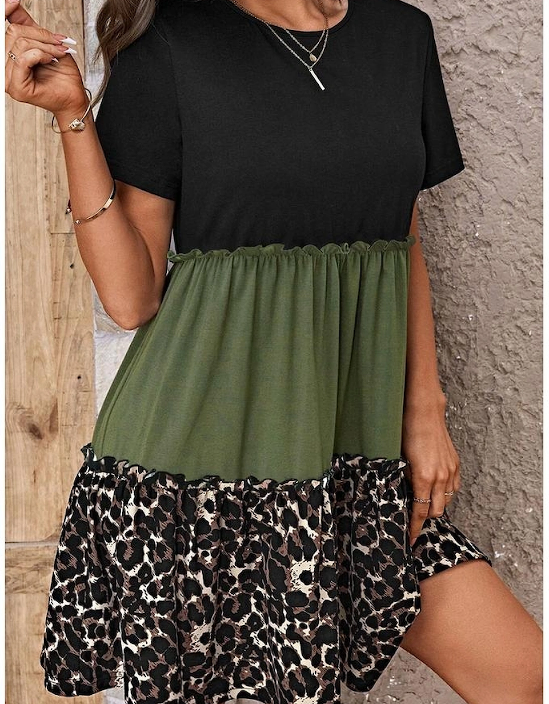Jungle Green Leopard Print Colorblock Frill Trim T-shirt Dress